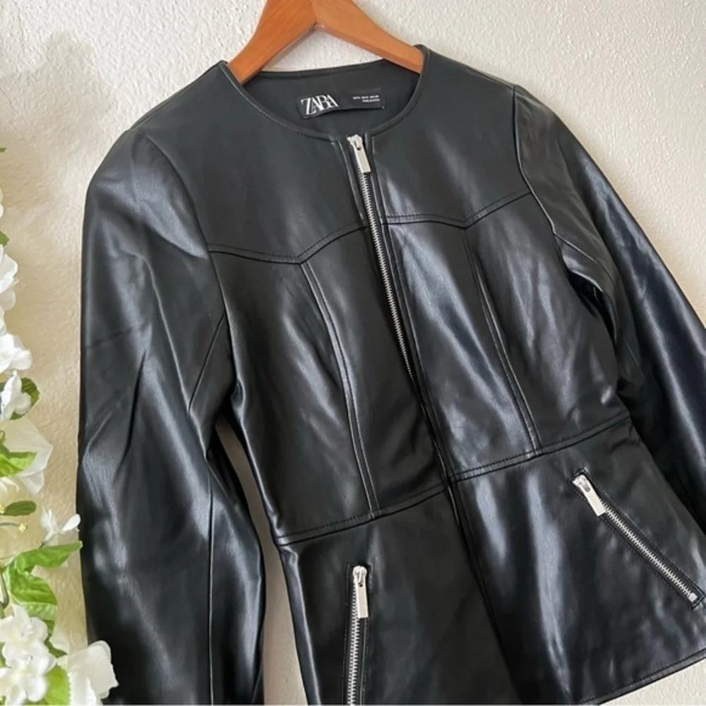 ZARA Black Vegan Faux Leather Peplum Zip Up Moto Jacket